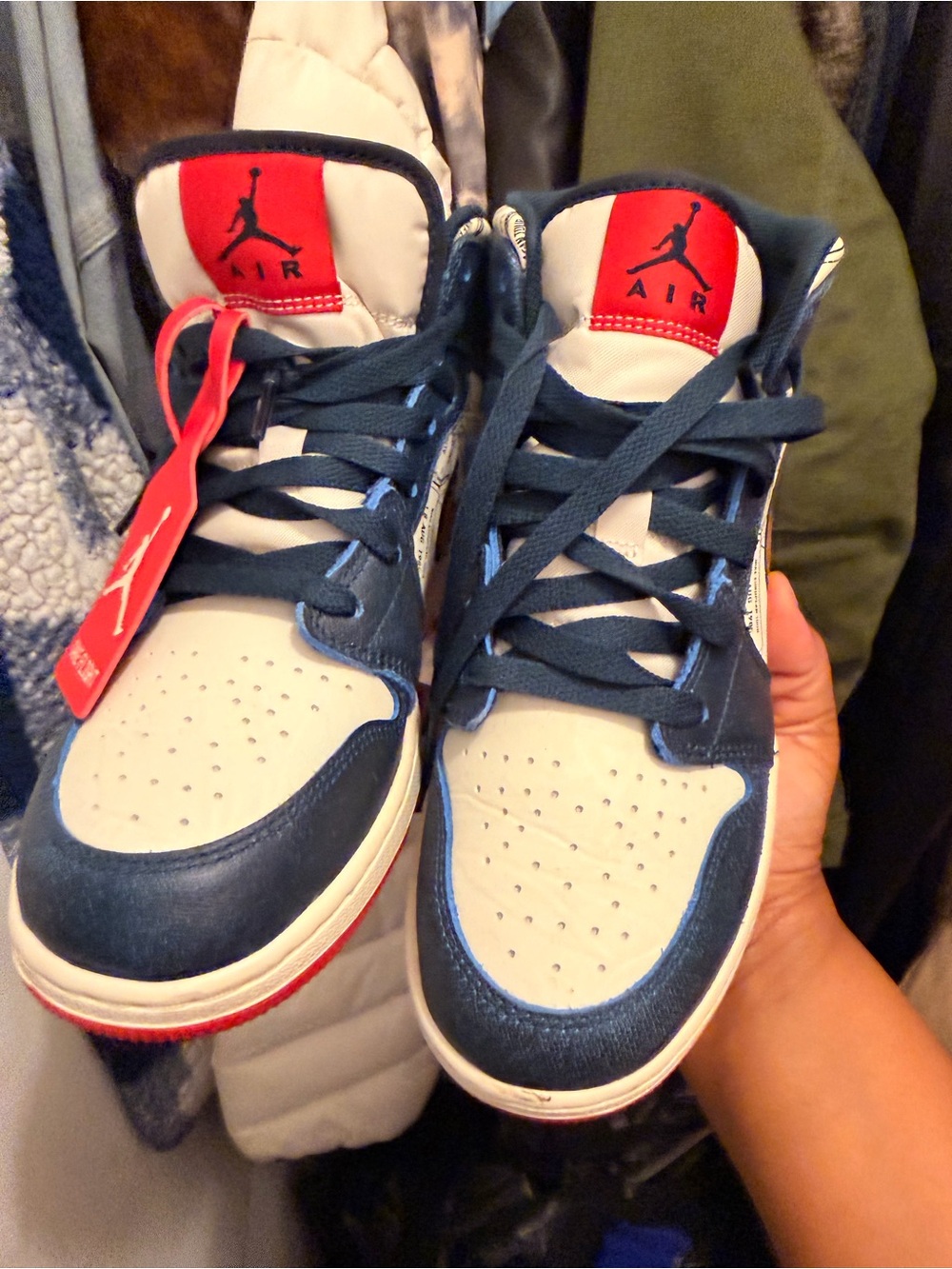 Jordan Kids Navy Blue White and Red High-Top Sneakers